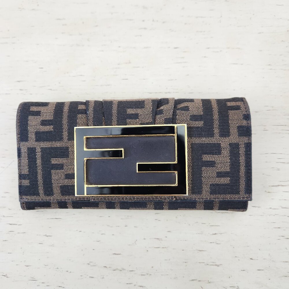 Authentic Fendi Signature Brown Wallet with Logo Plate
